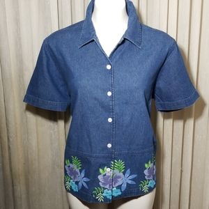 Erika Collection Denim Shirt with Floral Detail XL